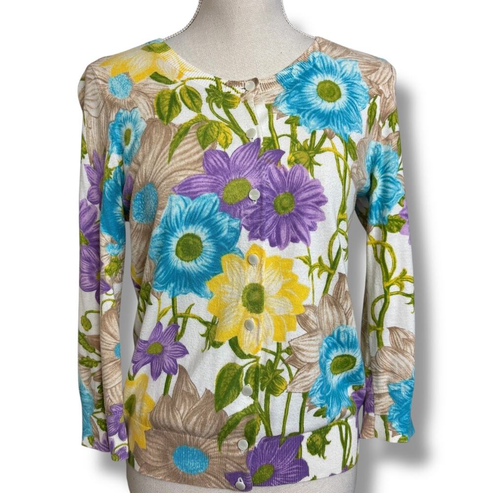 Talbots Purple, Teal, and Yellow Floral Cardigan Size Small